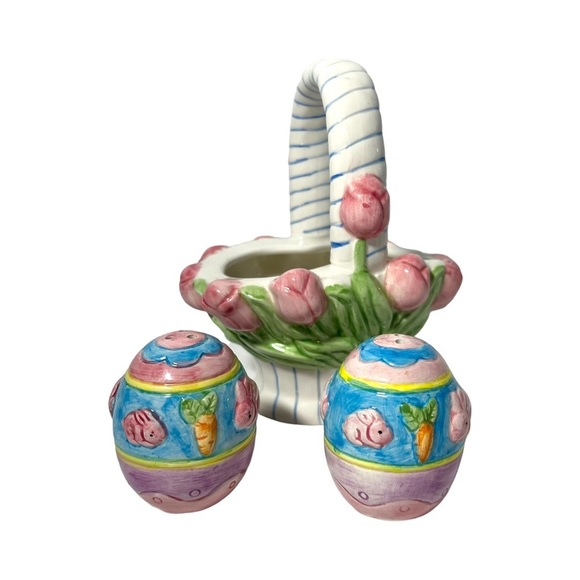 Easter Eggs in Basket Salt & Pepper Shakers Tulips Holiday Spring Ceramic 6” H - Picture 1 of 9